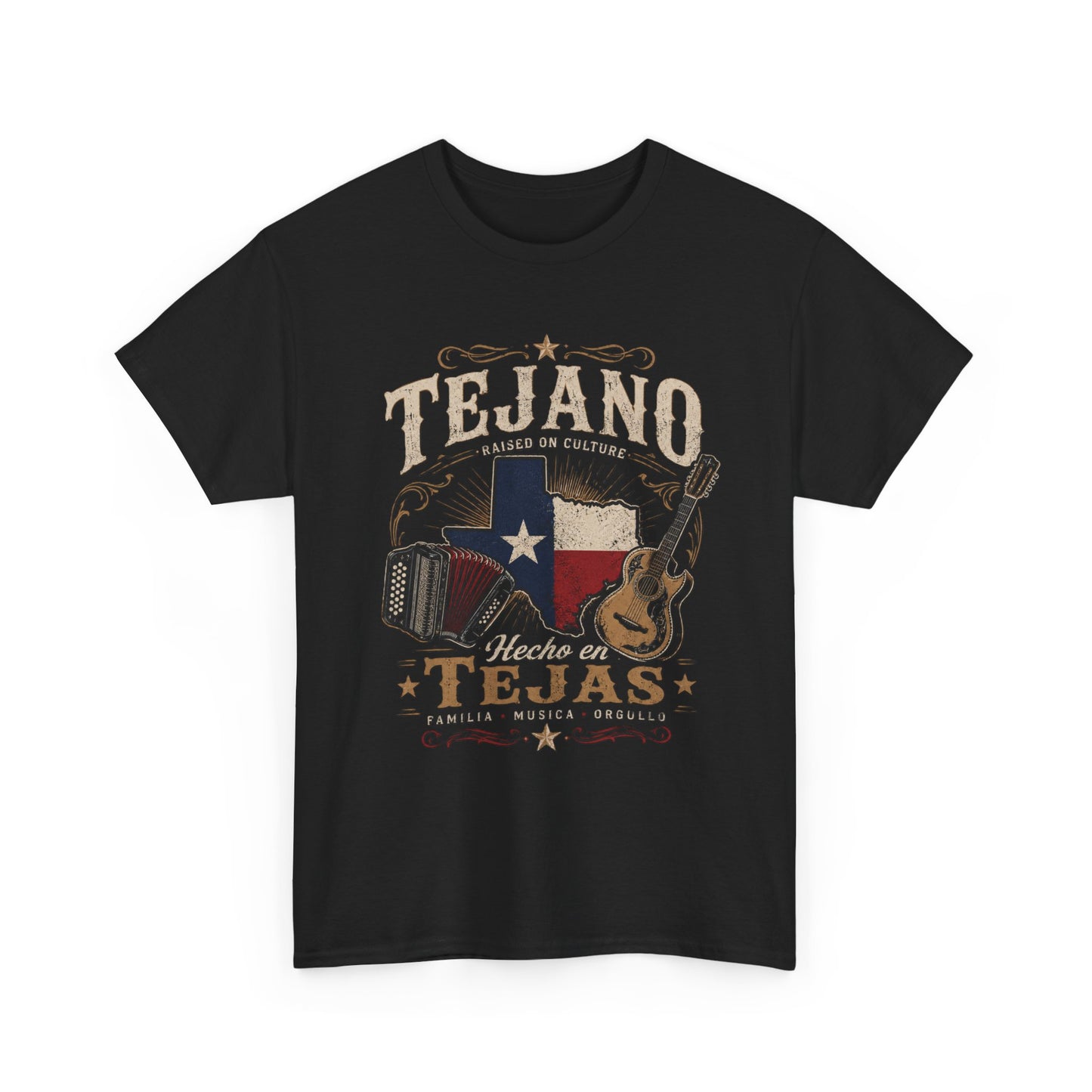 "Tejano Hecho en Tejas" Texas Flag Guitar Design T-shirt