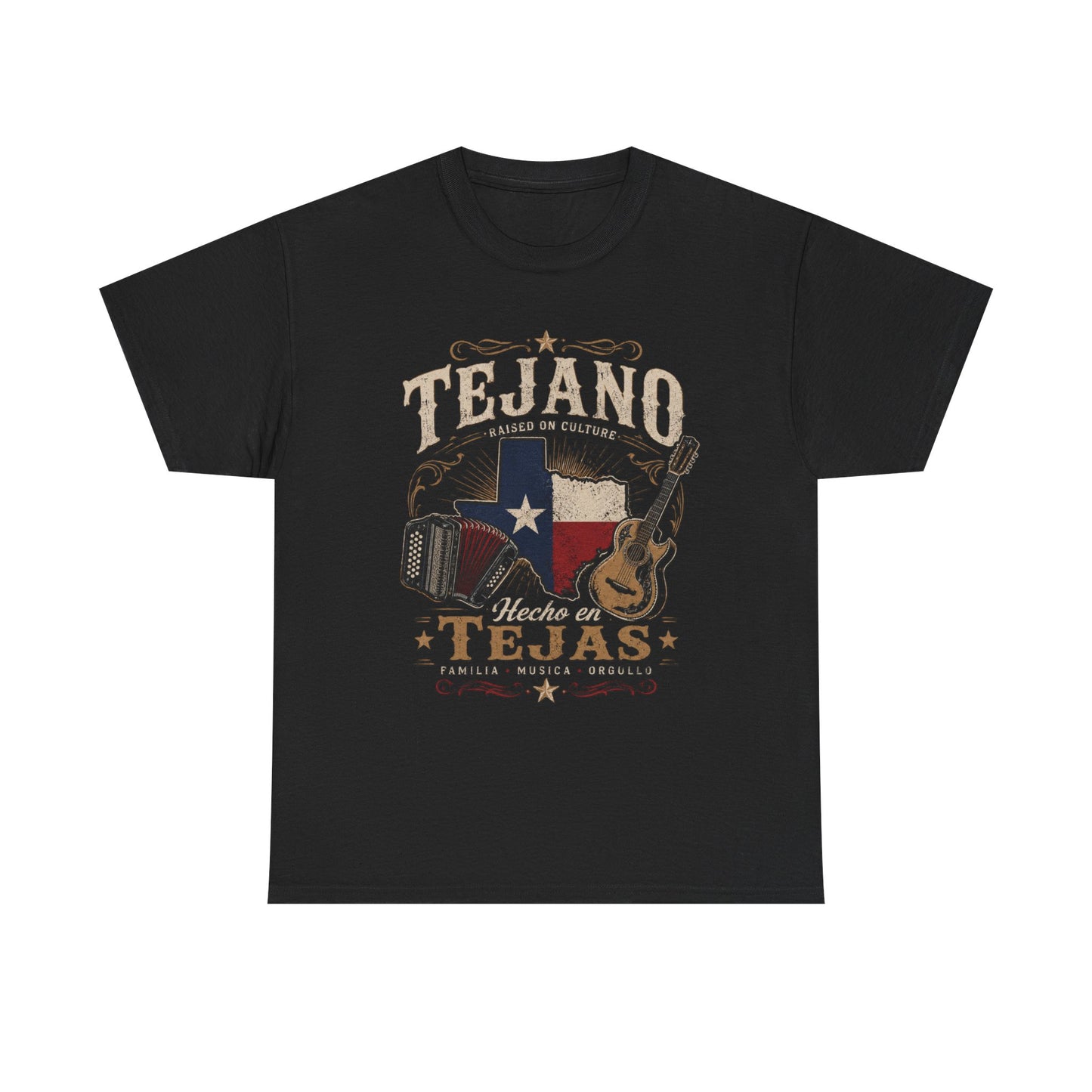 "Tejano Hecho en Tejas" Texas Flag Guitar Design T-shirt