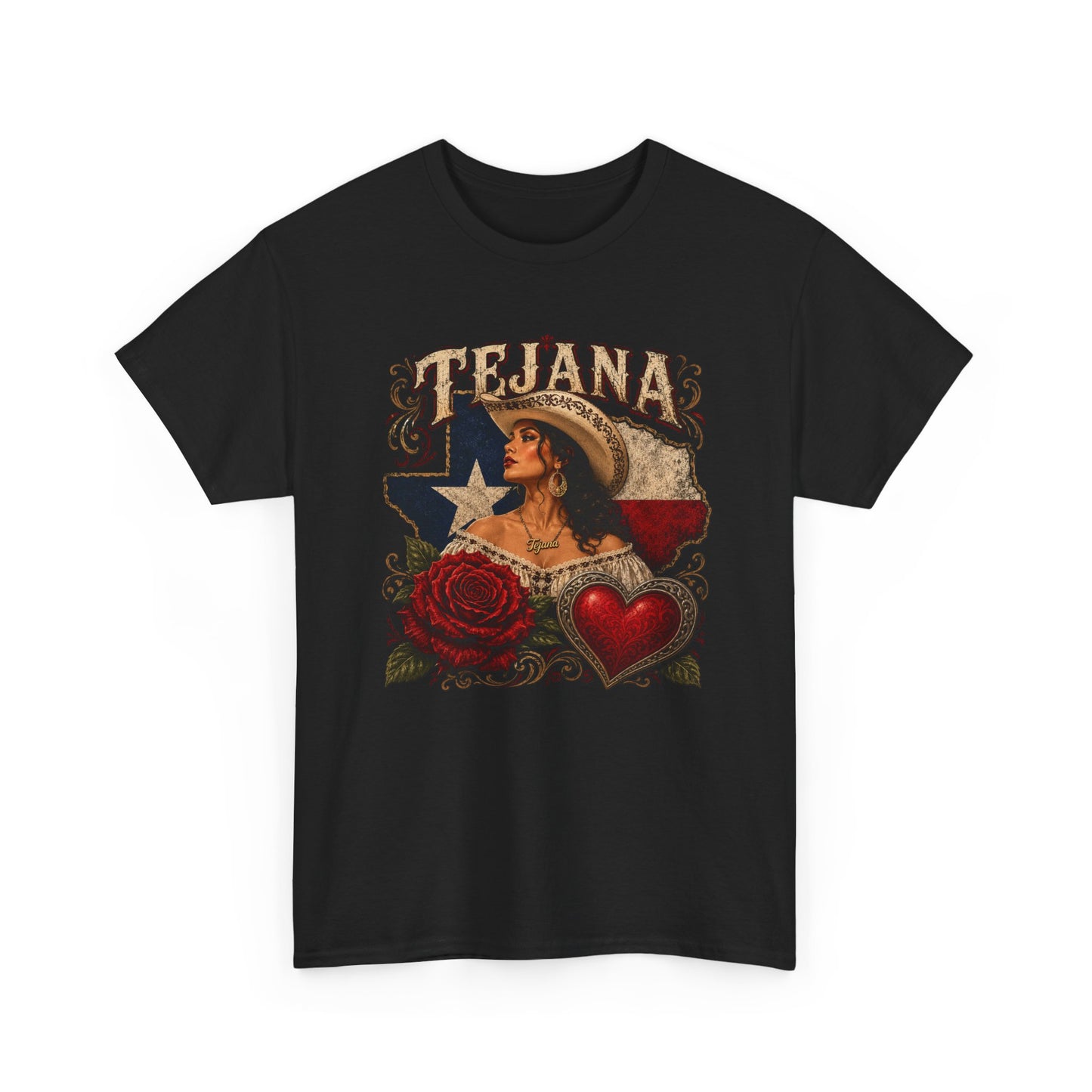 Tejana Pride T‑Shirt — Vintage Texas Flag, Rose & Heart Design