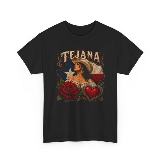 Tejana Pride T‑Shirt — Vintage Texas Flag, Rose & Heart Design