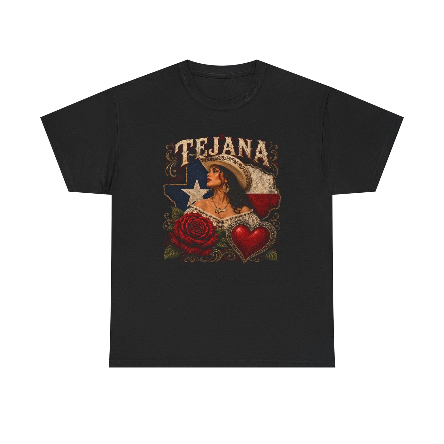 Tejana Pride T‑Shirt — Vintage Texas Flag, Rose & Heart Design